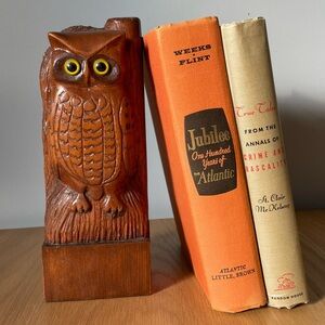 VINTAGE Mid-century Carved Wooden Owl Statue with Yellow Eyes